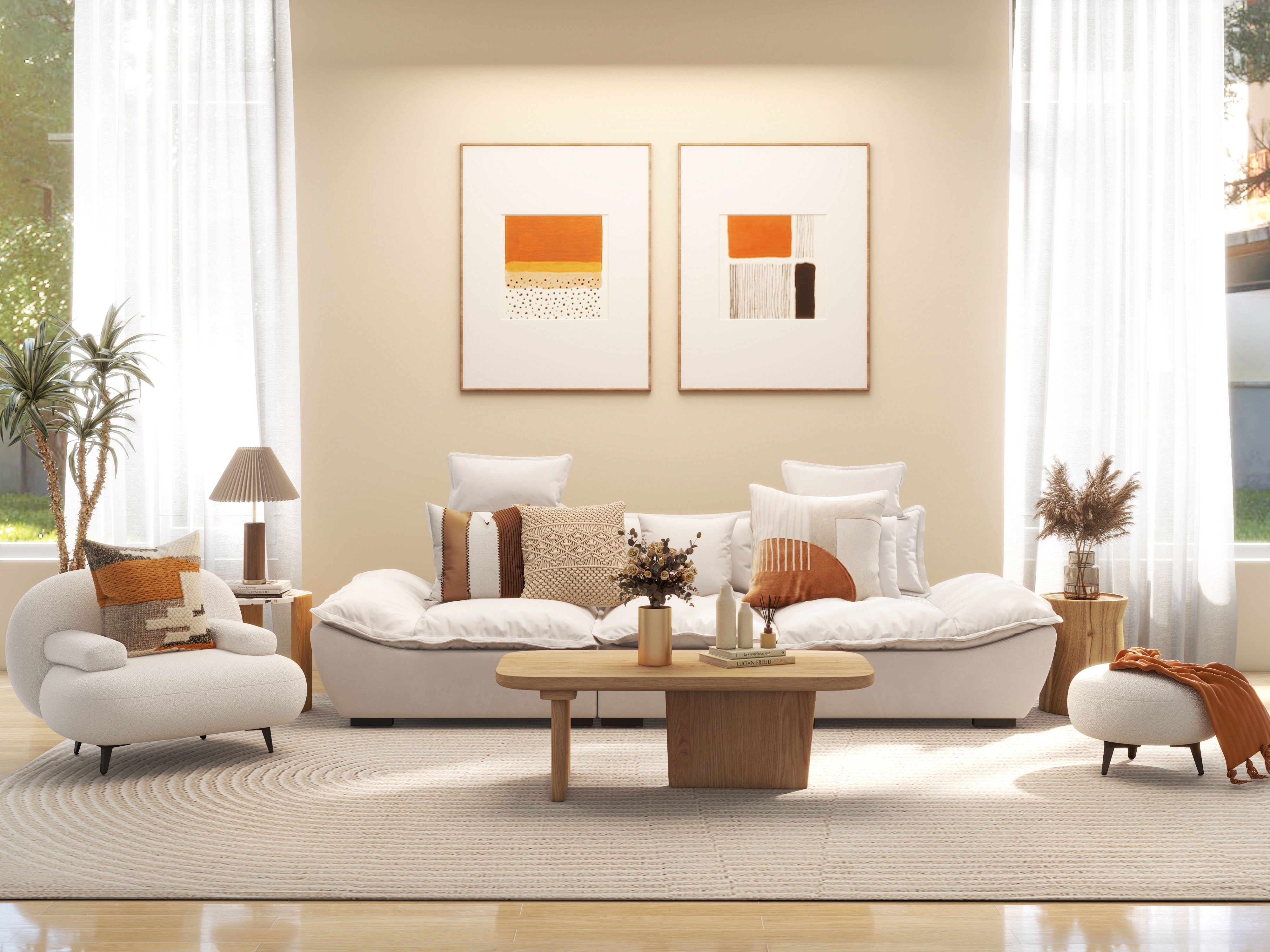 HMR - Modern White Cream Boucle Accent Chair with Pouf Ottoman Set Lounge Chair with Footstool