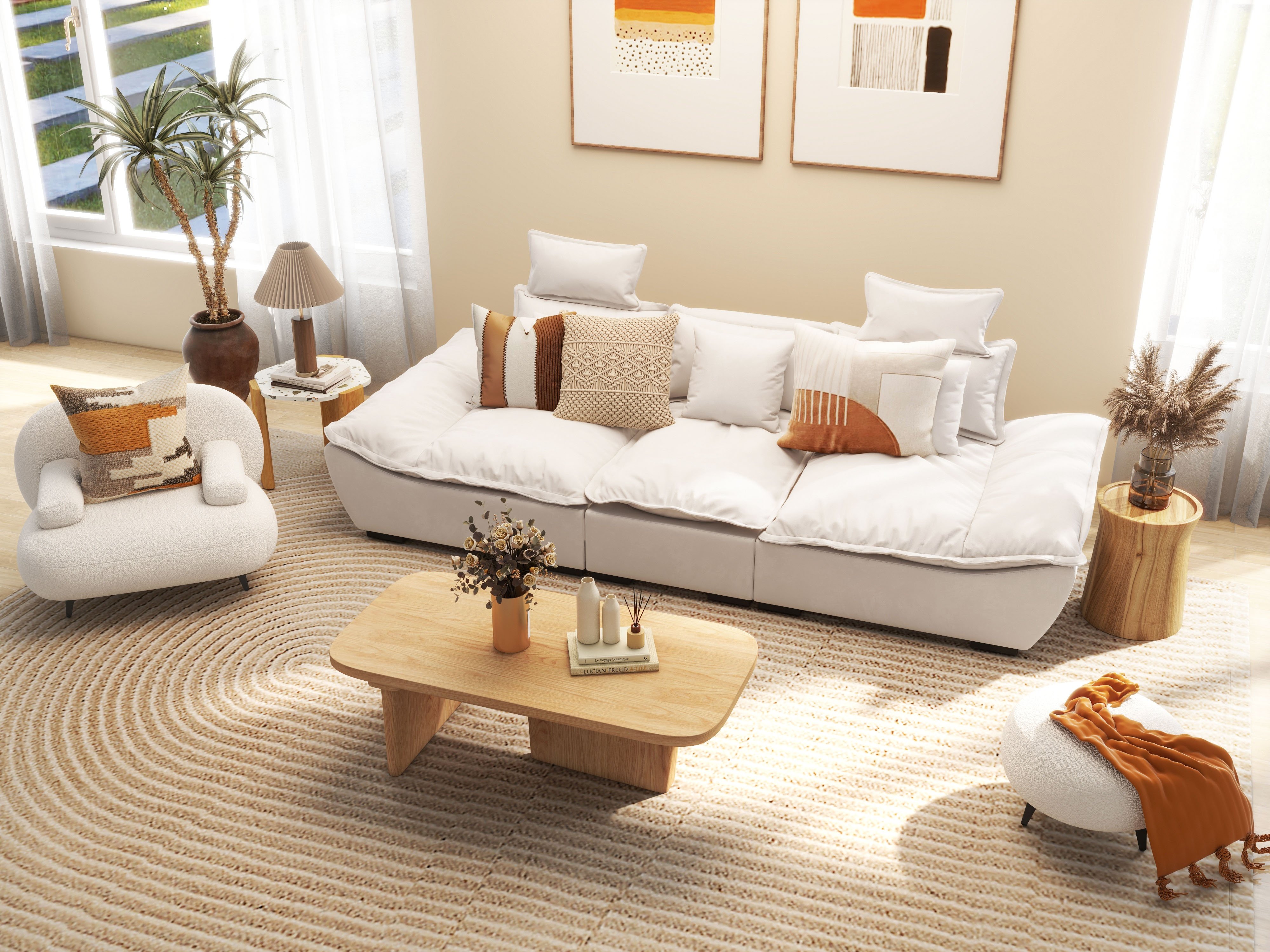 HMR - Modern White Cream Boucle Accent Chair with Pouf Ottoman Set Lounge Chair with Footstool