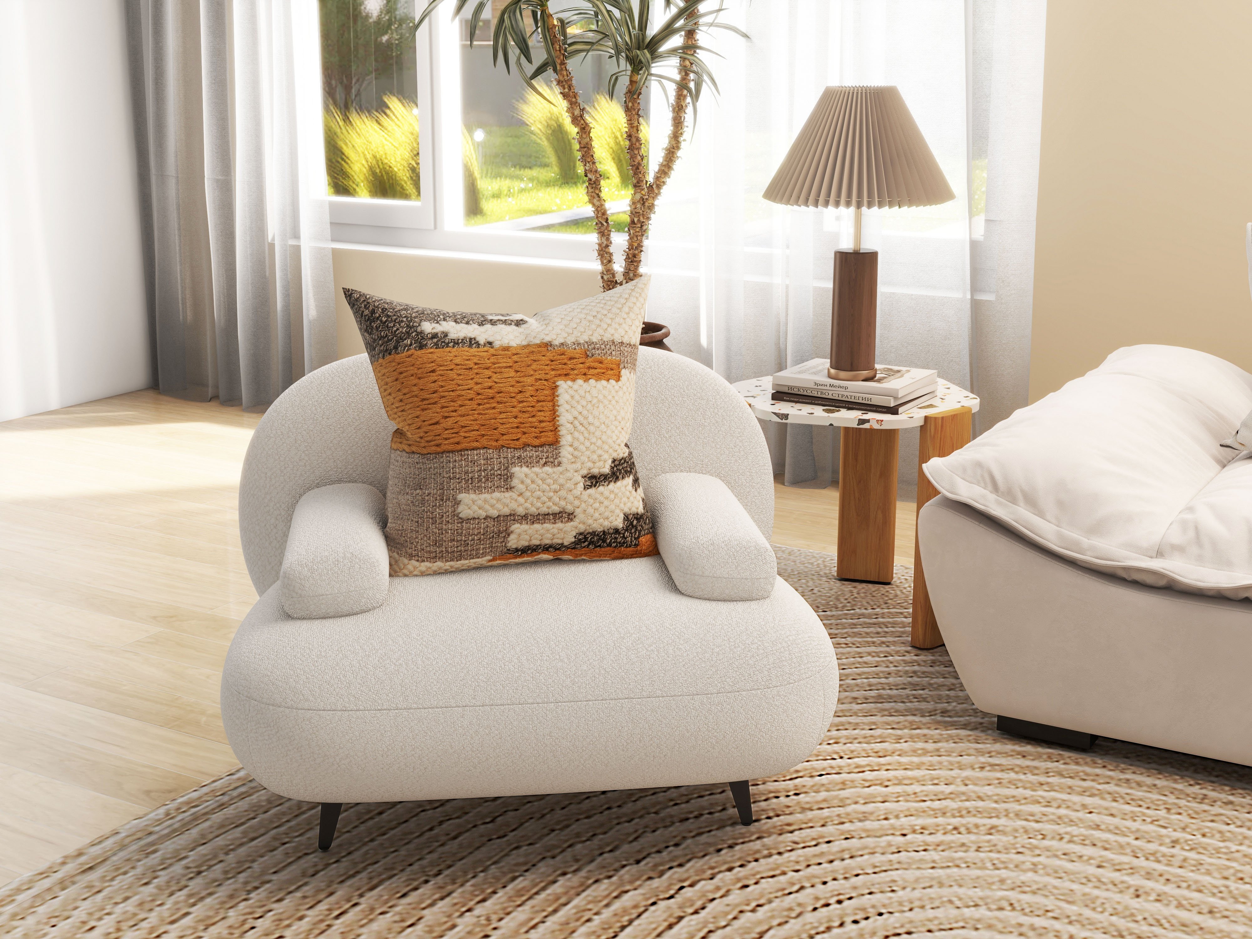 HMR - Modern White Cream Boucle Accent Chair with Pouf Ottoman Set Lounge Chair with Footstool