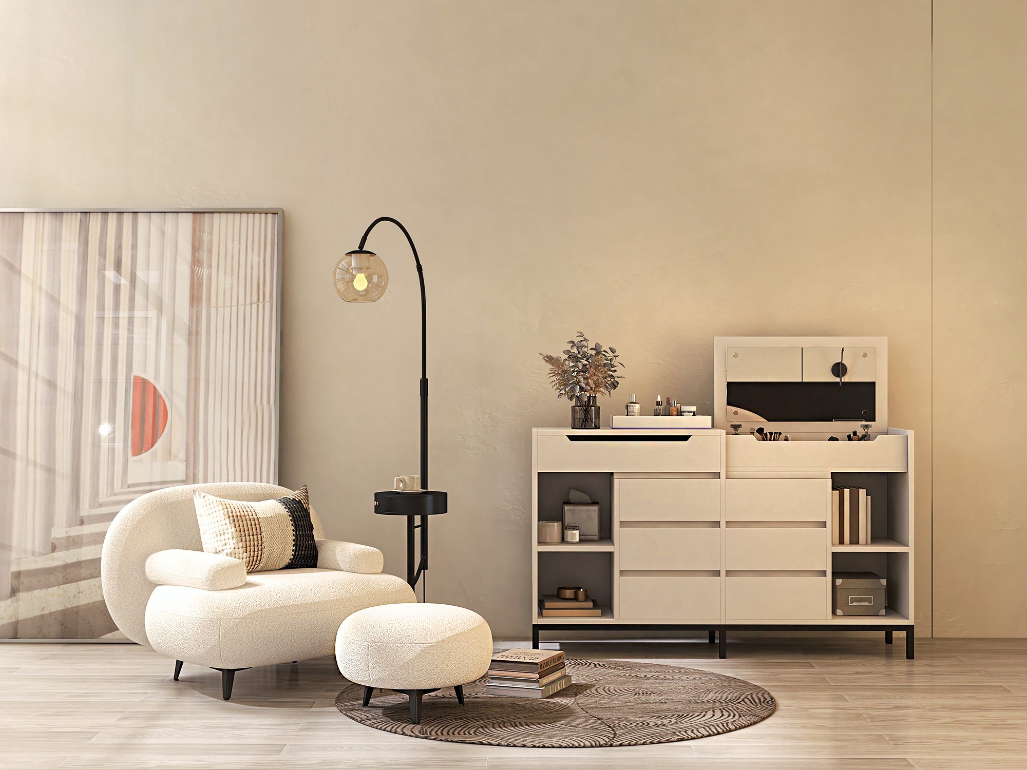 HMR - Modern White Cream Boucle Accent Chair with Pouf Ottoman Set Lounge Chair with Footstool