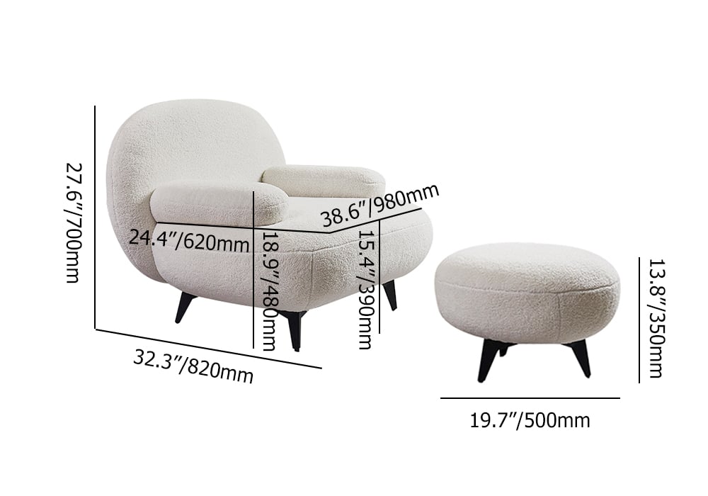 HMR - Modern White Cream Boucle Accent Chair with Pouf Ottoman Set Lounge Chair with Footstool