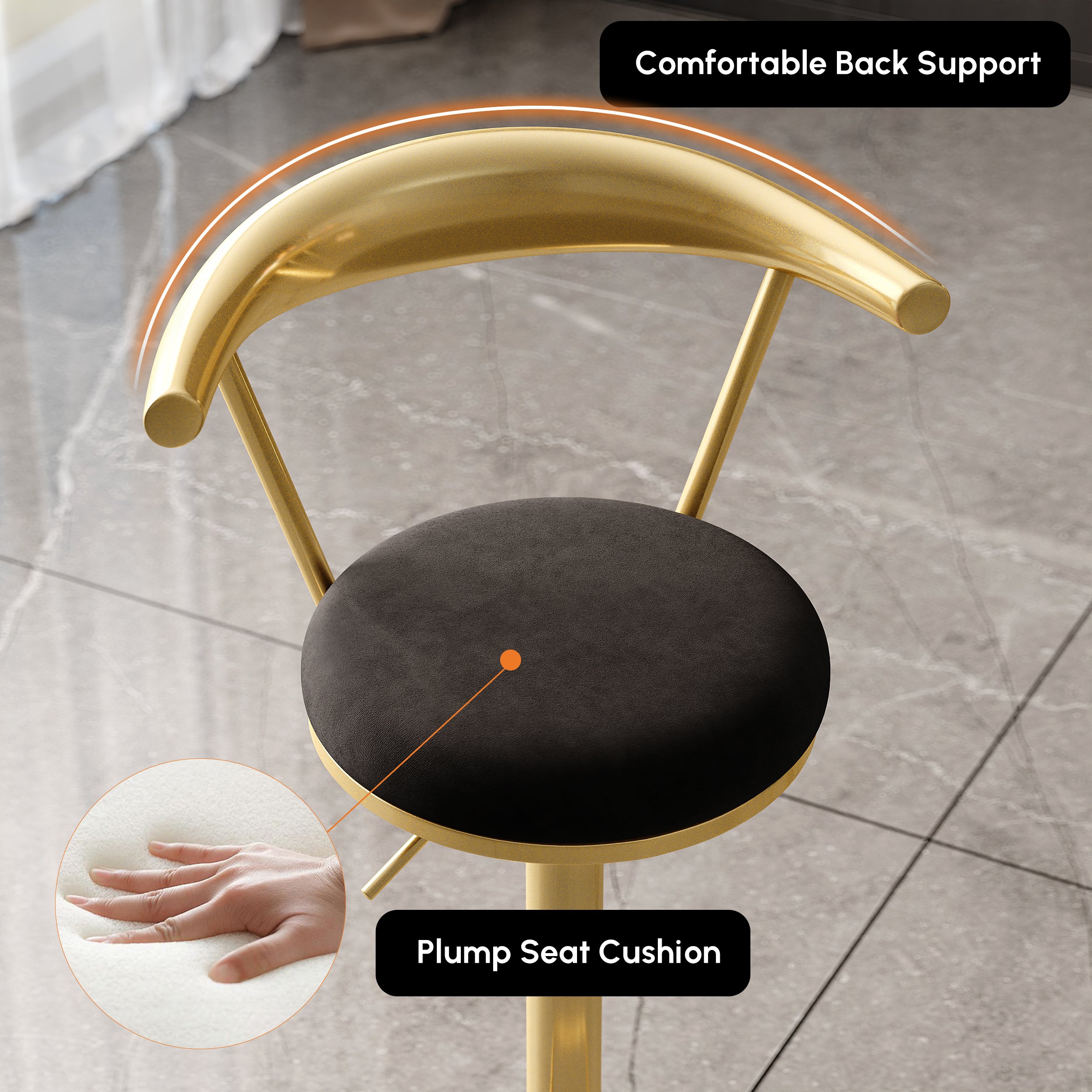 HMR Modern Adjustable Swivel Bar Stools with Velvet Upholstery (Set of 2) - Black