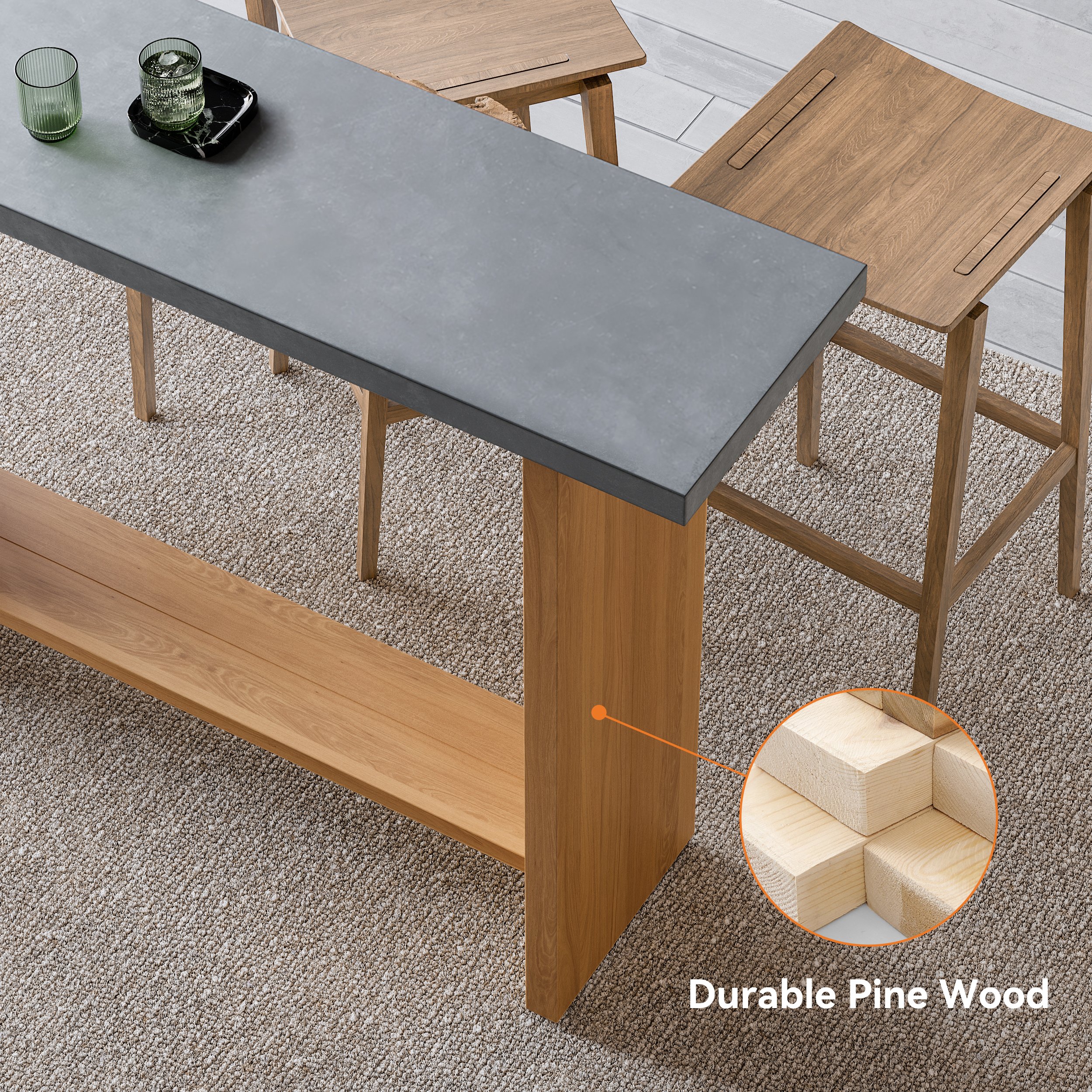 HMR - 55" Concrete Gray Bar Height Pub Table Kitchen Bar Table Solid Wood Natural Pedestal