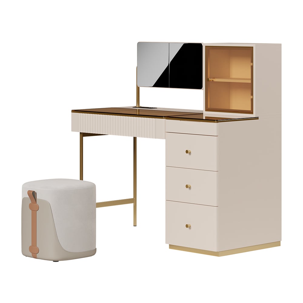 HMR Chanor Makeup Vanity Set Mirrored Dressing Table with Jewelry Storage & Cabinet & Stool - Milky White