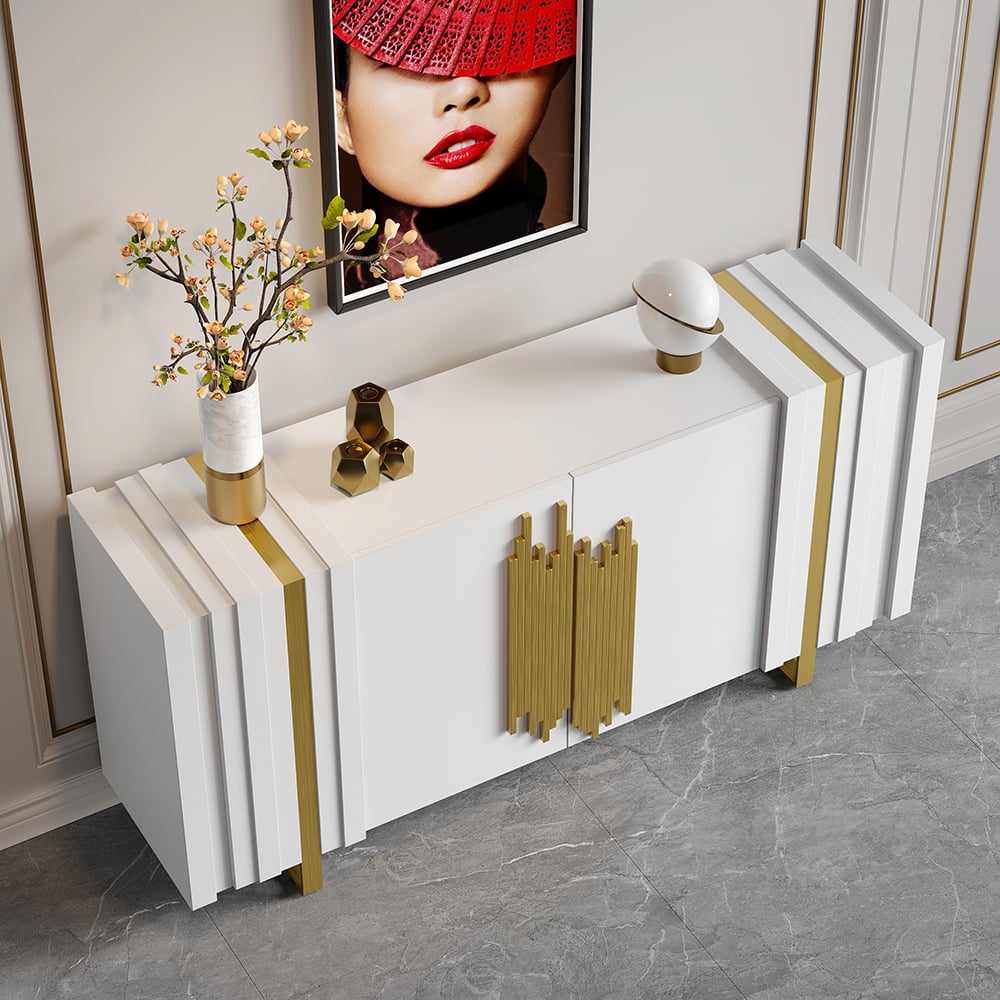 HMR Aurea Series 63" Rectangular Sideboard Buffet with 2 Doors & 2 Shelves - White/Gold
