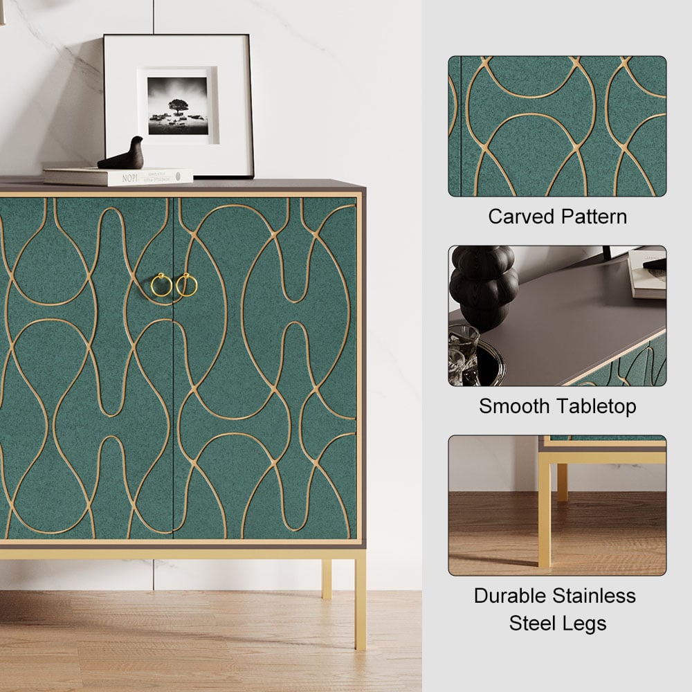 HMR - 59" Modern Lake Blue Sideboard Buffet with Doors Carved Credenza Adjustable Shelves