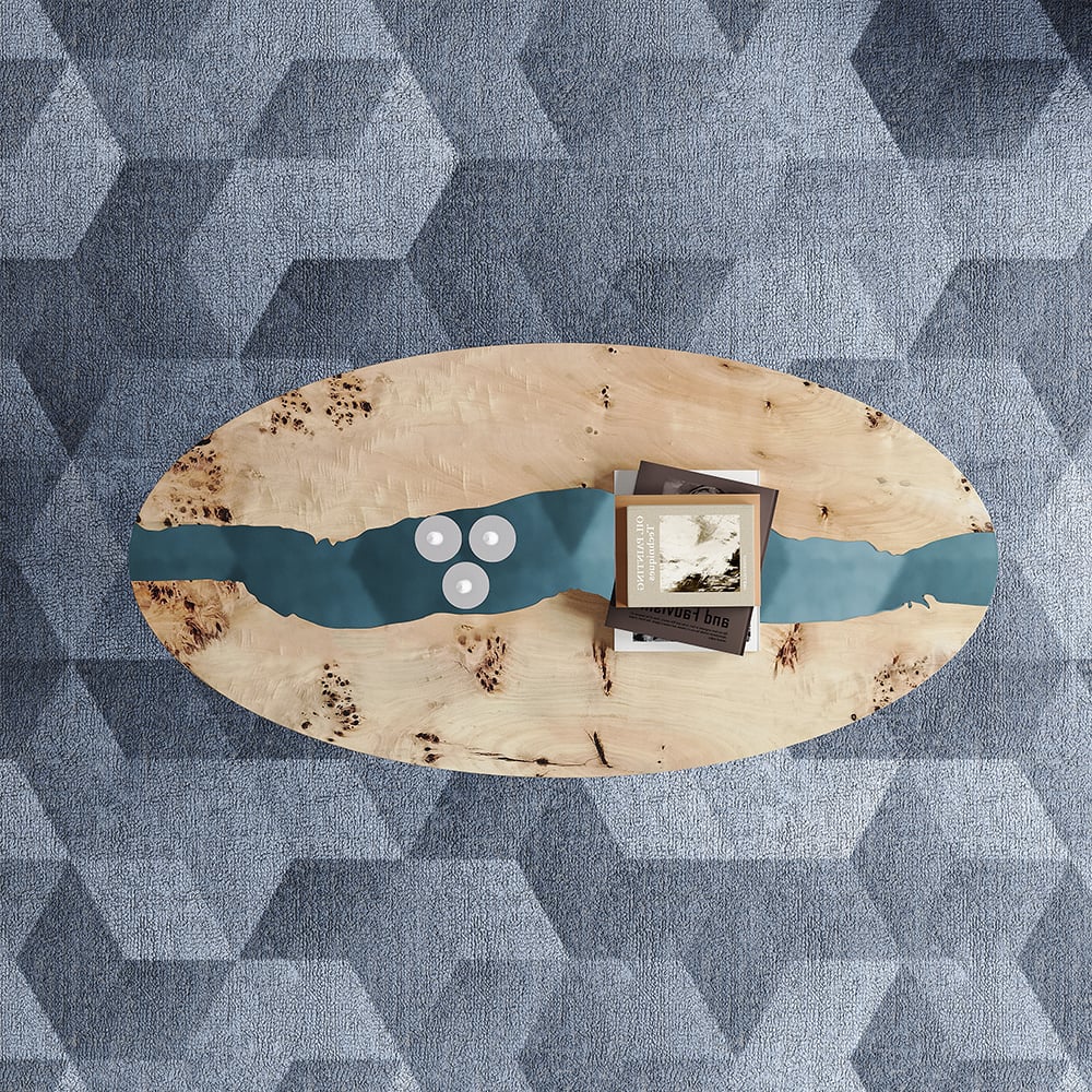 HMR - Modern Natural Oval Coffee Table with Solid Wood & Resin Tabletop & Acrylic Legs