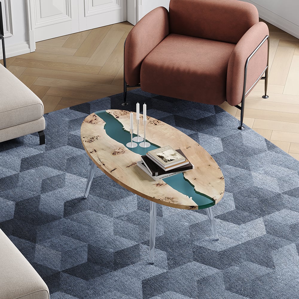 HMR - Modern Natural Oval Coffee Table with Solid Wood & Resin Tabletop & Acrylic Legs