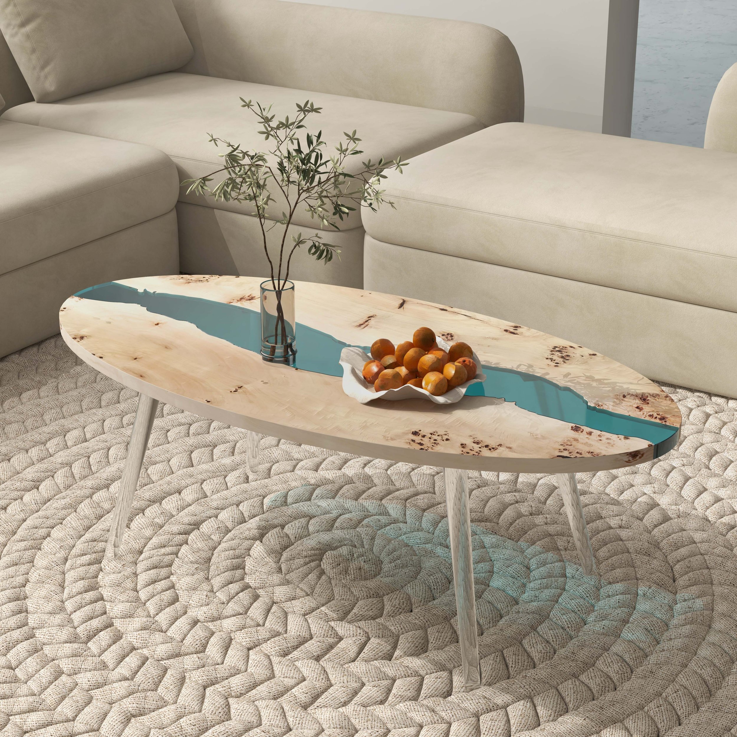HMR - Modern Natural Oval Coffee Table with Solid Wood & Resin Tabletop & Acrylic Legs