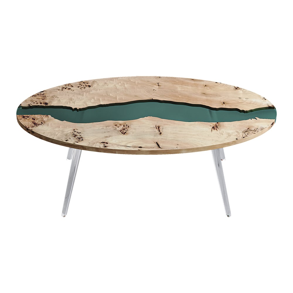 HMR - Modern Natural Oval Coffee Table with Solid Wood & Resin Tabletop & Acrylic Legs