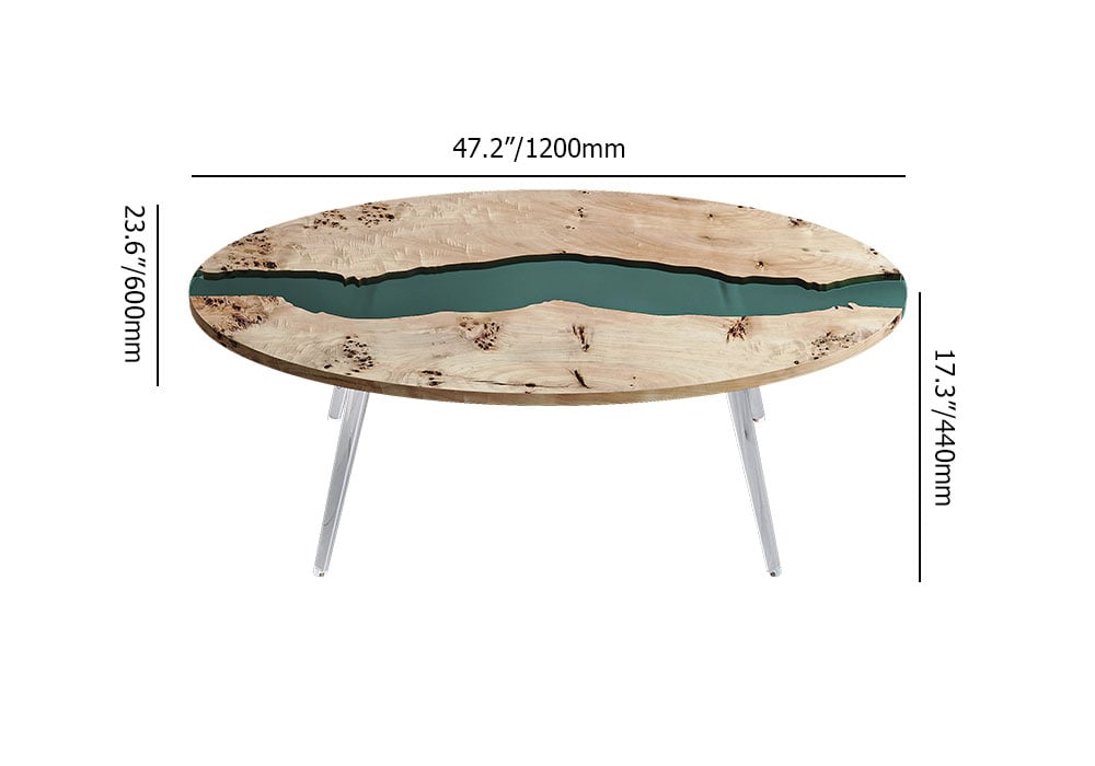 HMR - Modern Natural Oval Coffee Table with Solid Wood & Resin Tabletop & Acrylic Legs