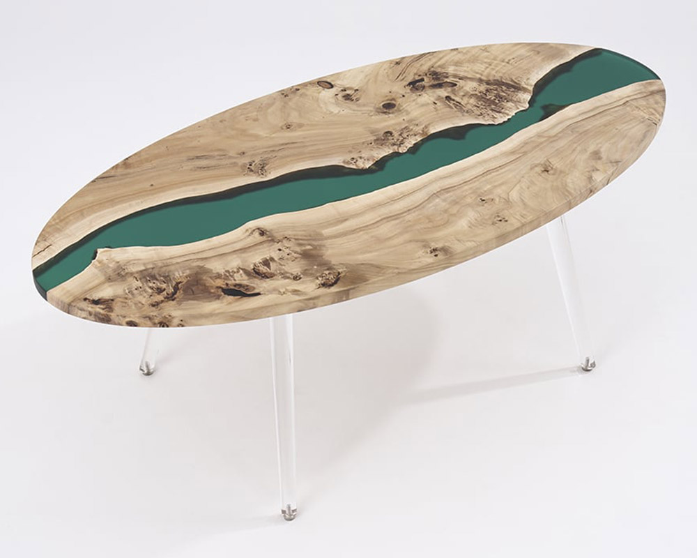 HMR - Modern Natural Oval Coffee Table with Solid Wood & Resin Tabletop & Acrylic Legs