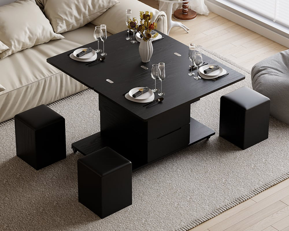 HMR 39" Lift-Top Foldable Coffee Table with 4 Stools & Storage - Black