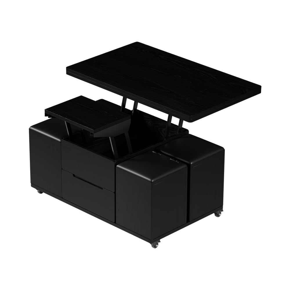 HMR 39" Lift-Top Foldable Coffee Table with 4 Stools & Storage - Black