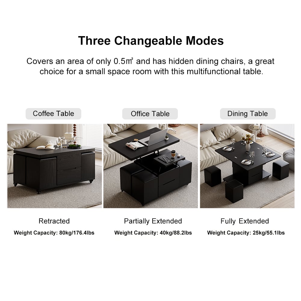 HMR 39" Lift-Top Foldable Coffee Table with 4 Stools & Storage - Black