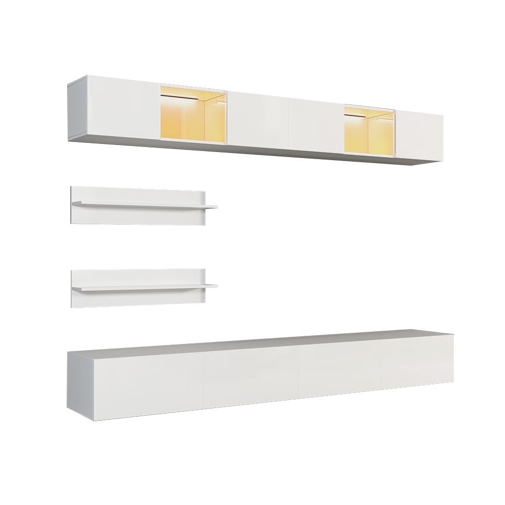 HMR - LED Floating Entertainment Center Wood TV Stand Wall Mount Unit Set in White