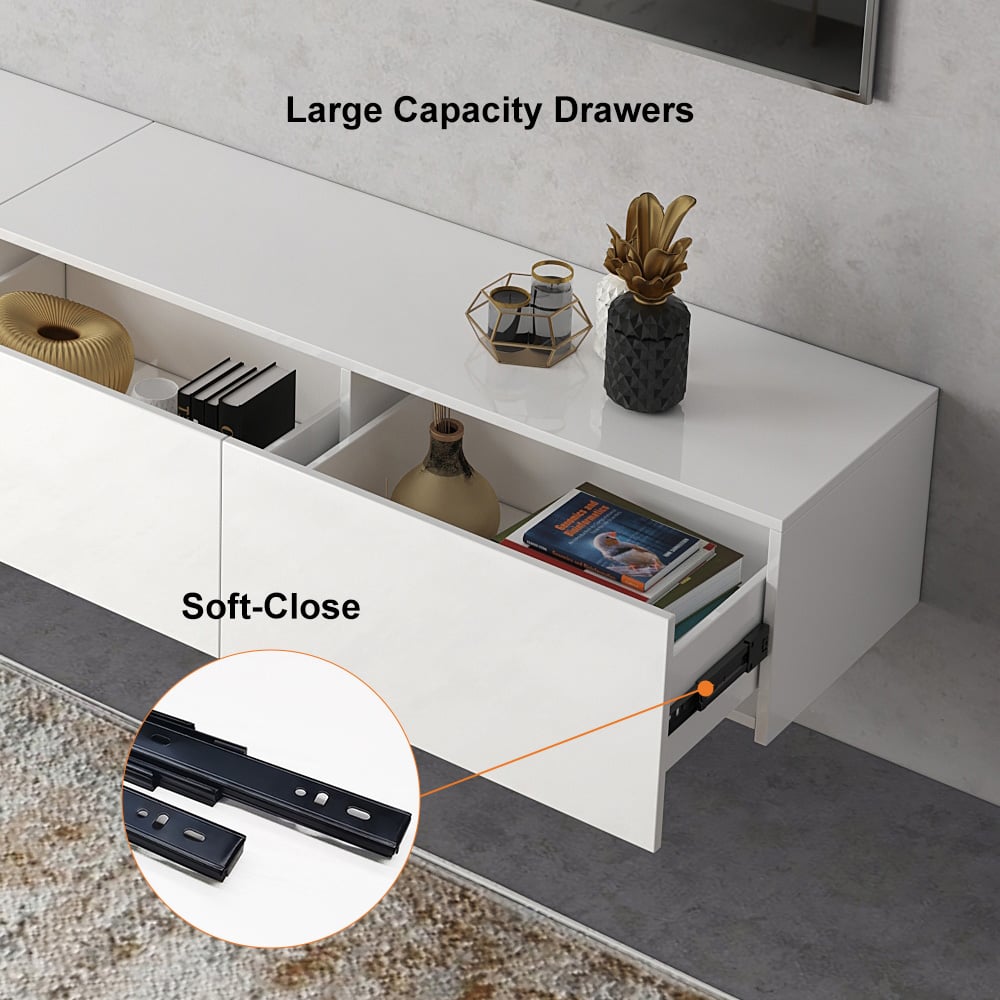 HMR - LED Floating Entertainment Center Wood TV Stand Wall Mount Unit Set in White