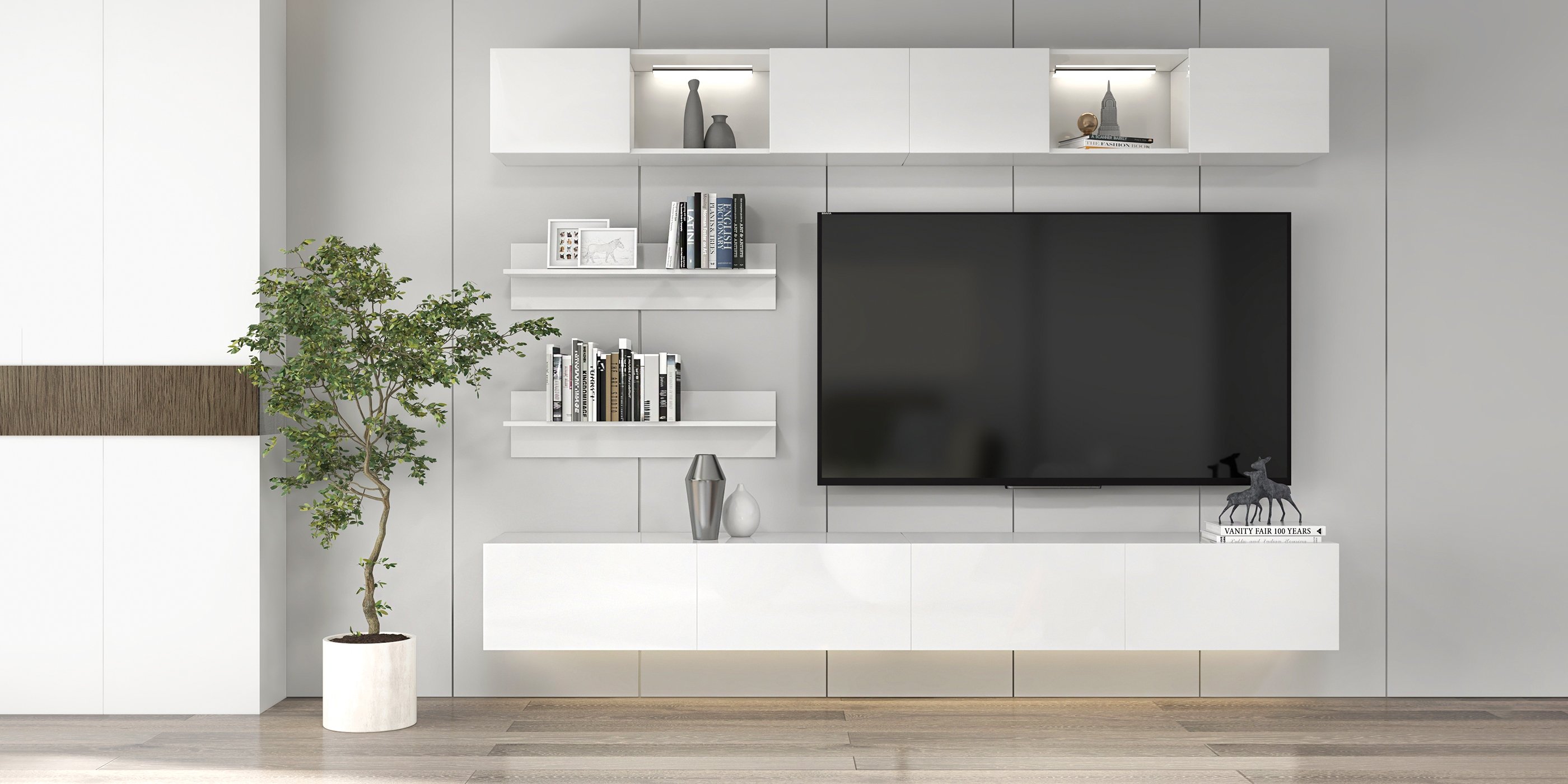 HMR - LED Floating Entertainment Center Wood TV Stand Wall Mount Unit Set in White