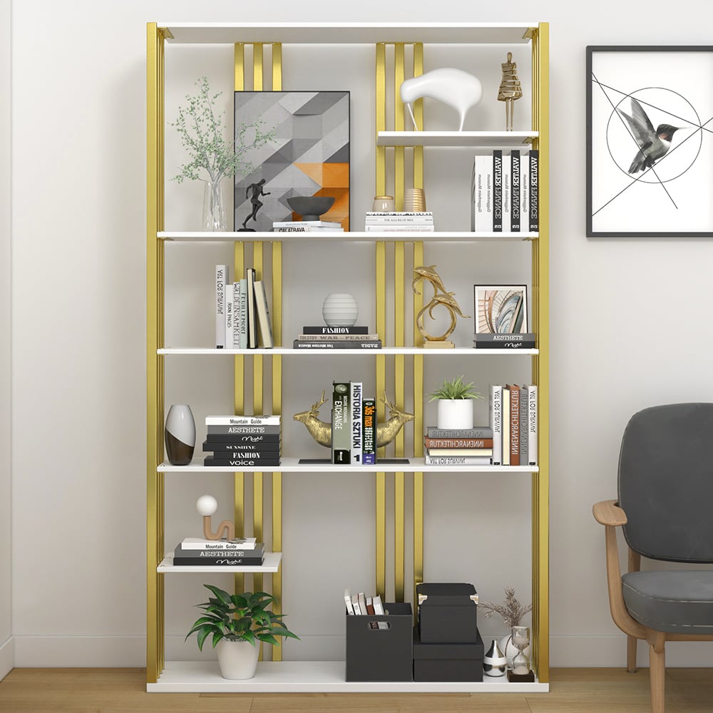 HMR Modern Etagere Bookshelf with 6-Shelf - White/Gold