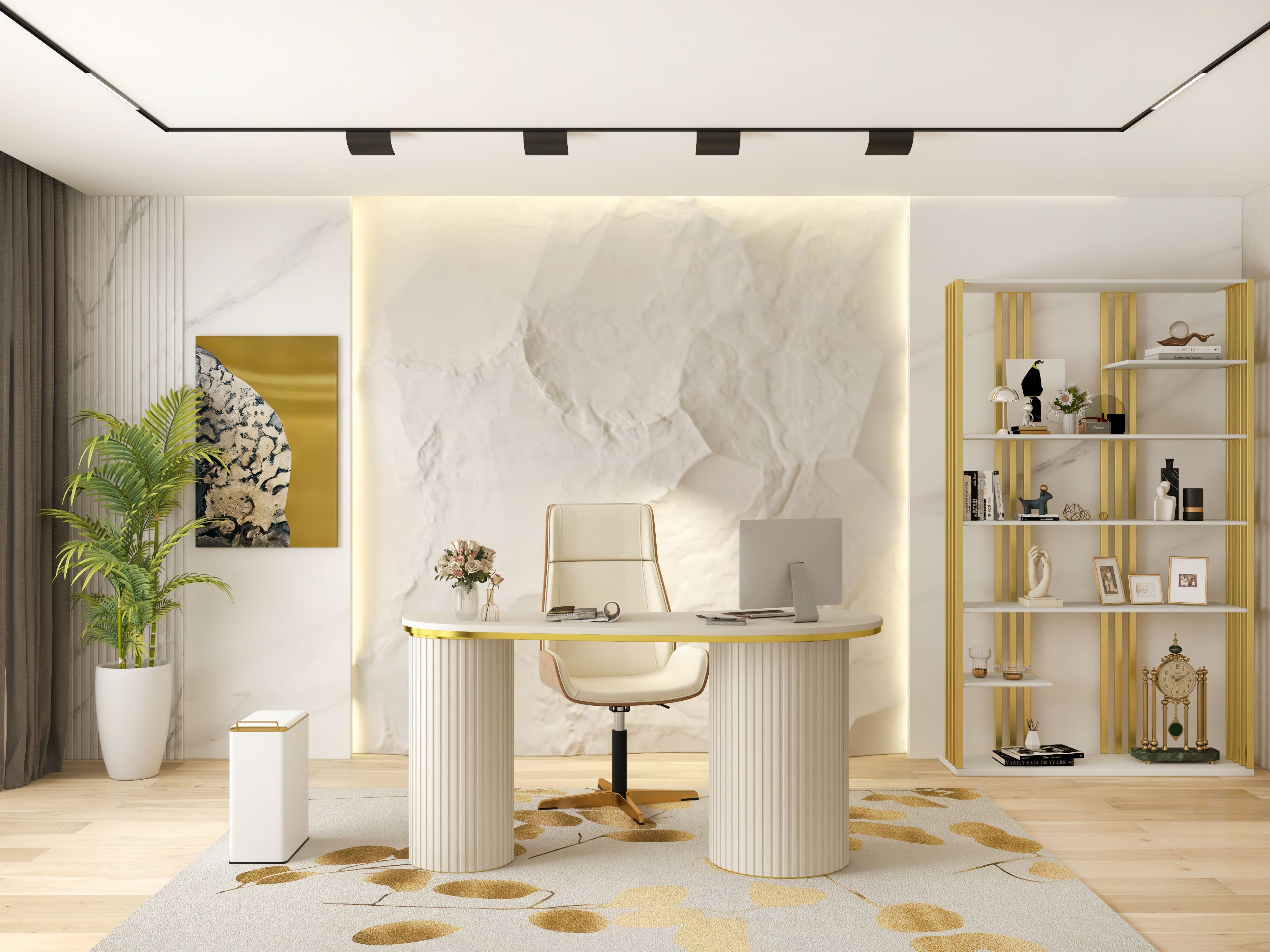 HMR Modern Etagere Bookshelf with 6-Shelf - White/Gold