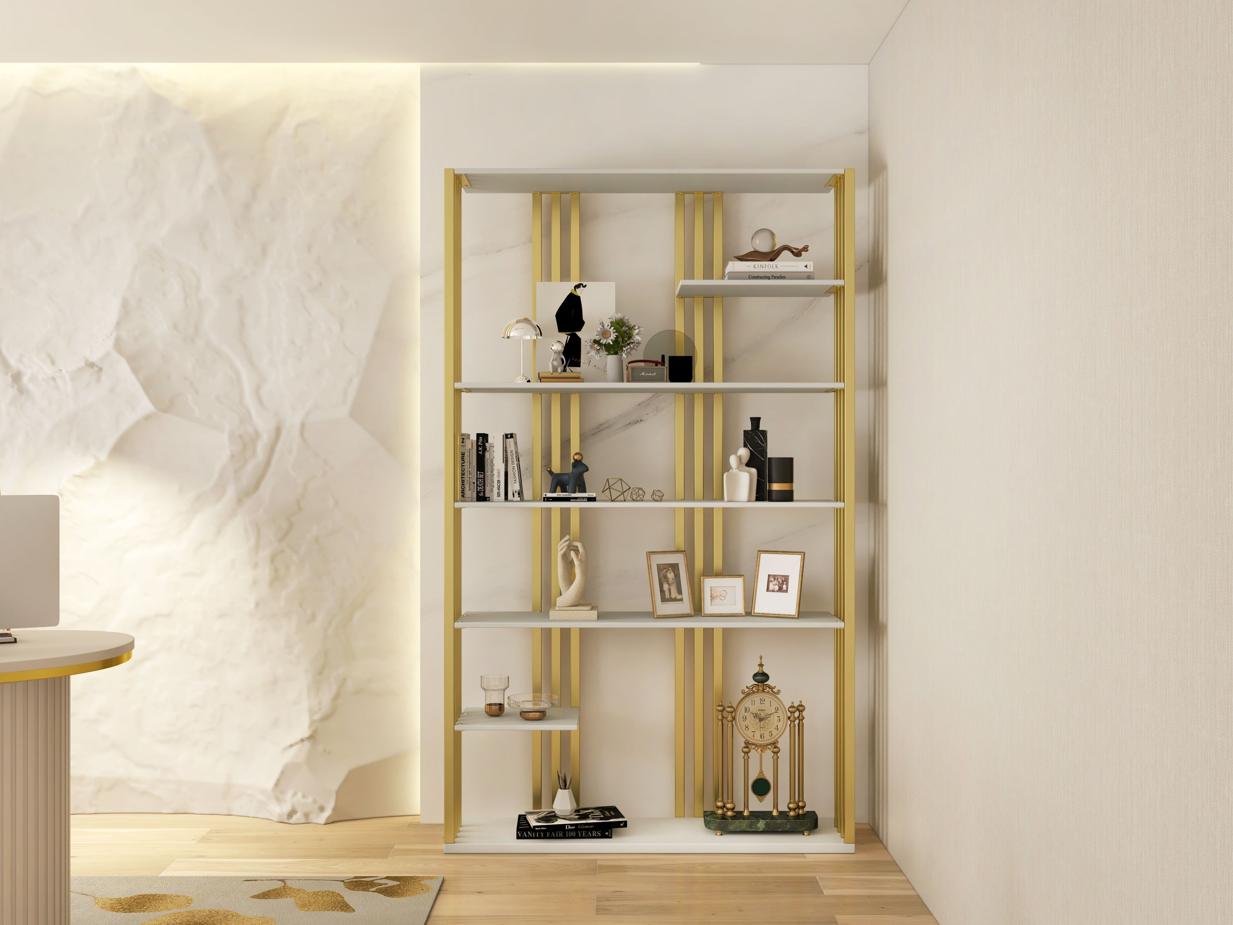 HMR Modern Etagere Bookshelf with 6-Shelf - White/Gold
