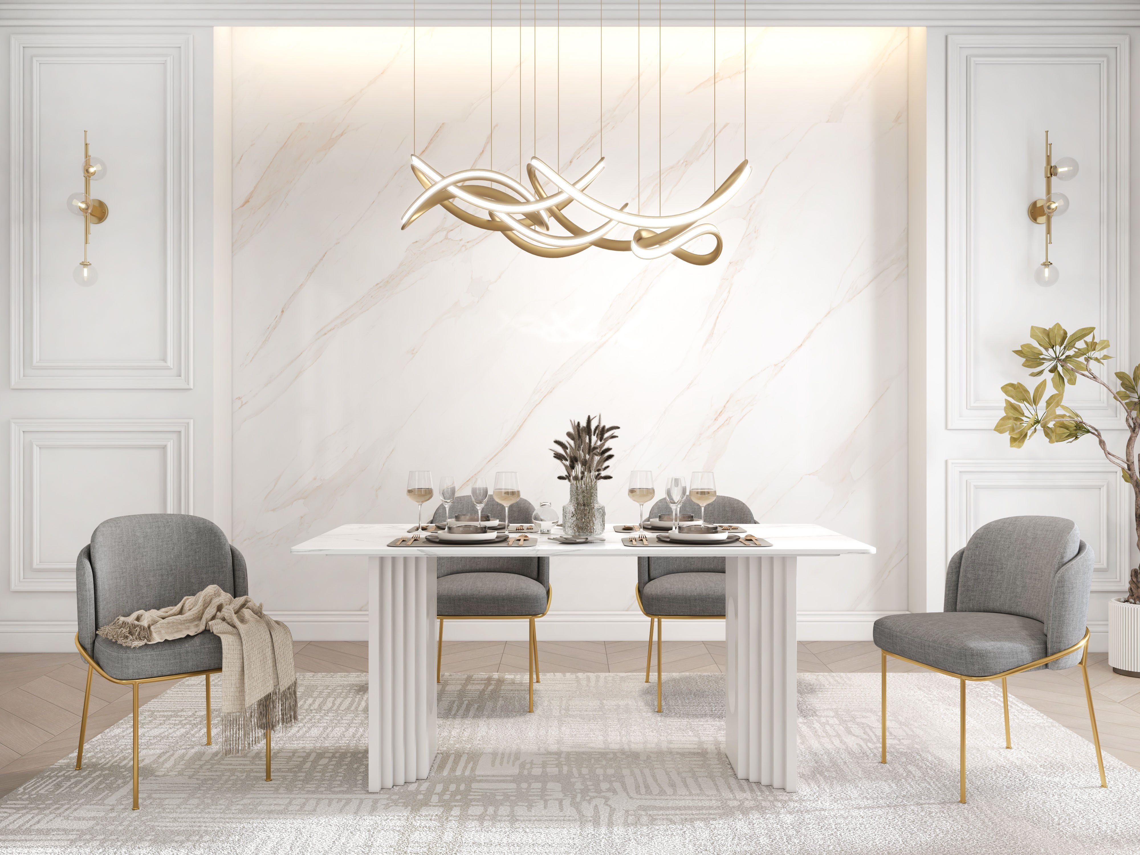 HMR Linenic Series Modern Dining Chairs with Linen Upholstery - Gray/Gold, Single