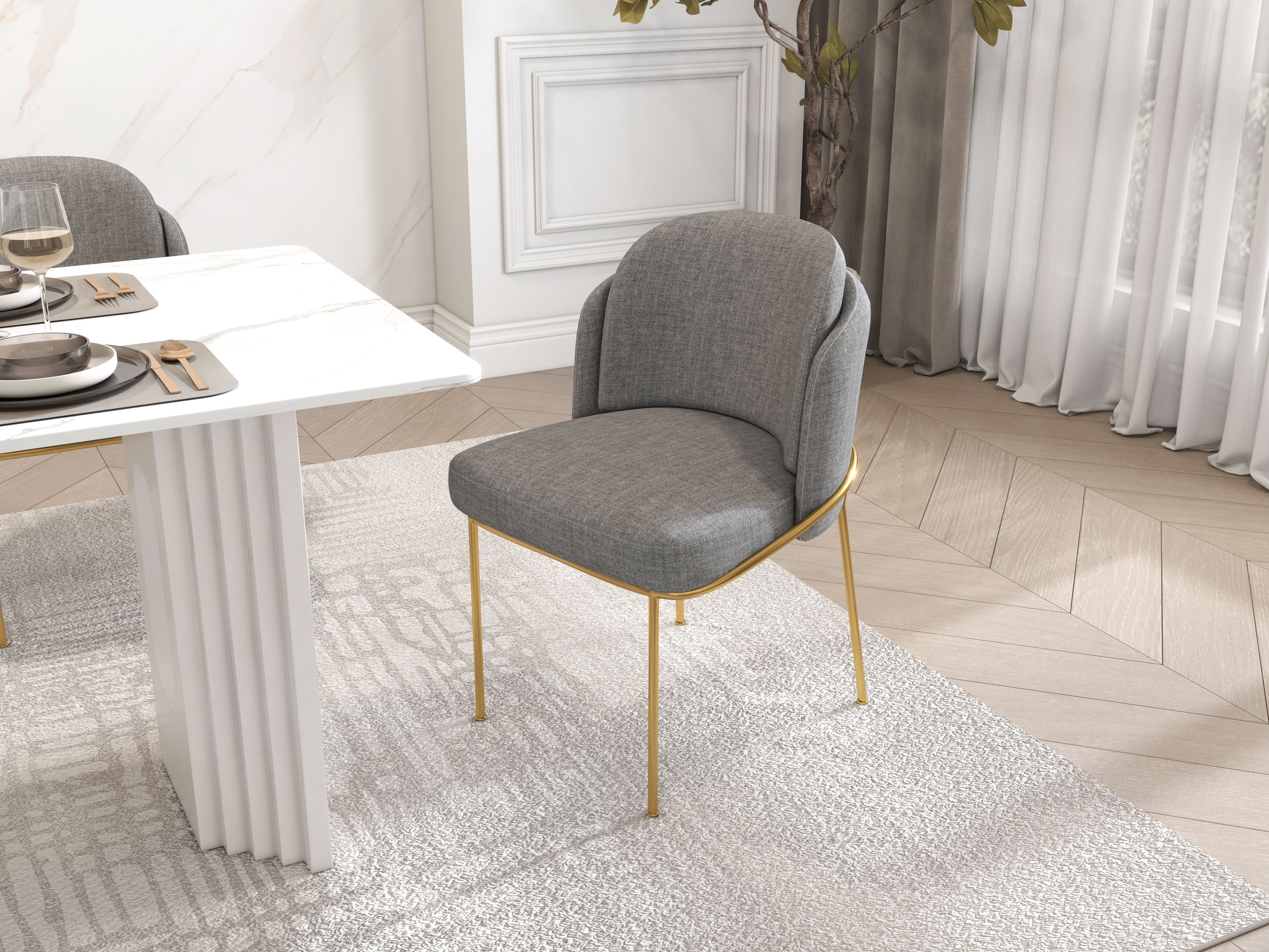 HMR Linenic Series Modern Dining Chairs with Linen Upholstery - Gray/Gold, Single