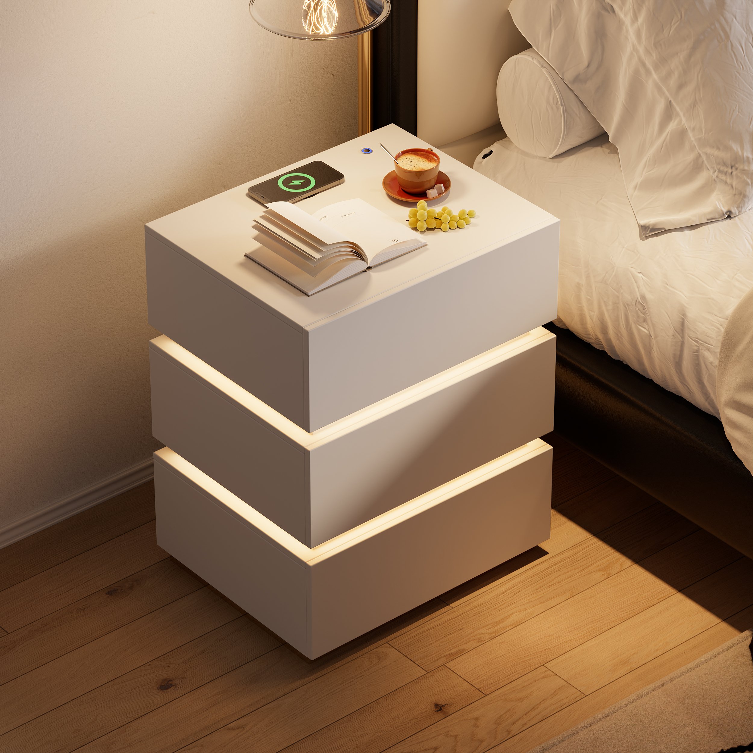 HMR Nightstand with Light & Charging Station - White, 3 Drawers, Set Of 2