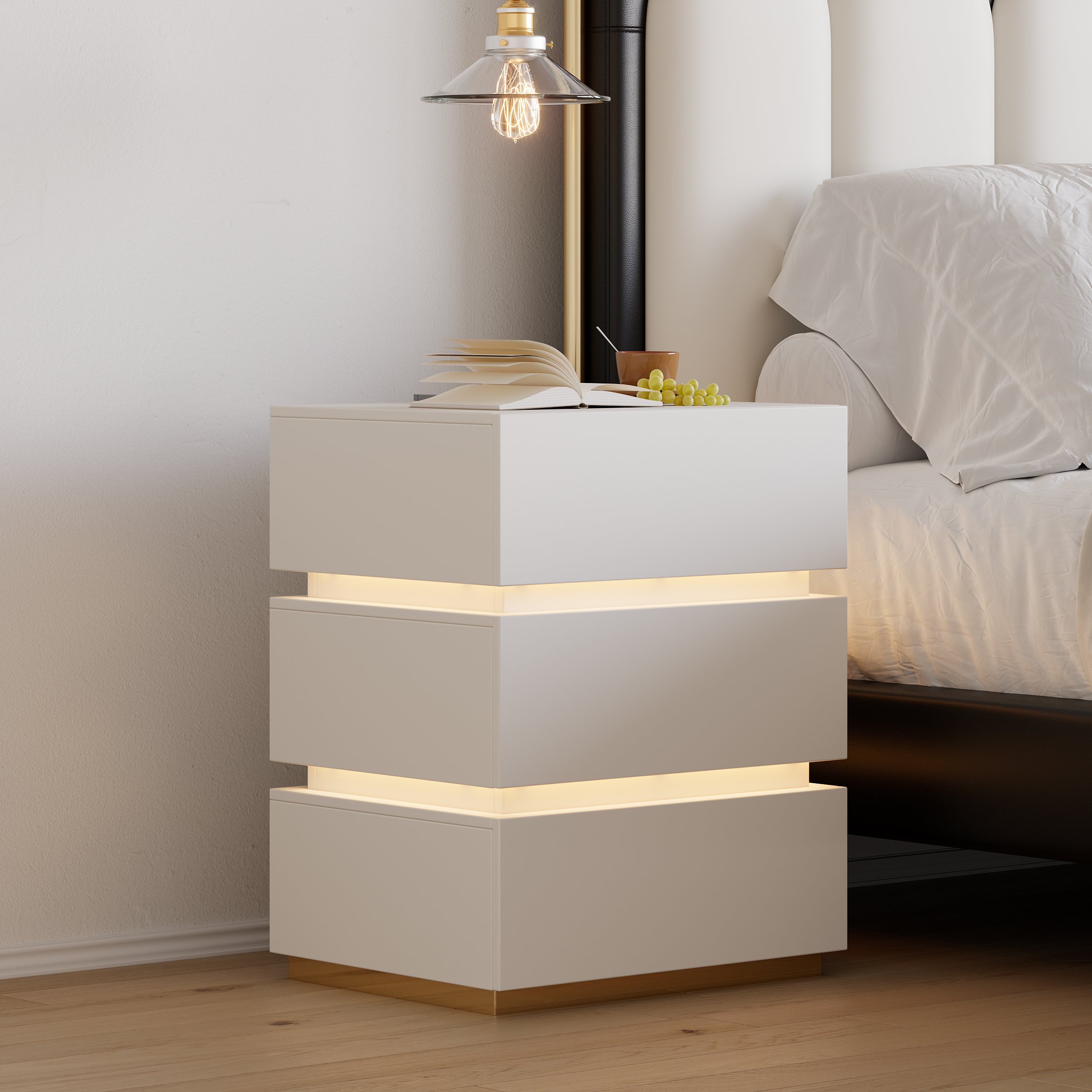 HMR Nightstand with Light & Charging Station - White, 3 Drawers, Set Of 2