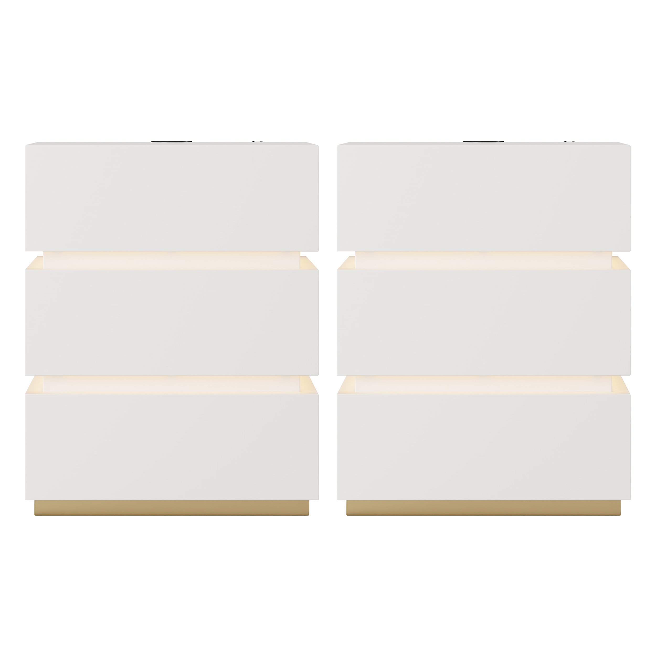 HMR Nightstand with Light & Charging Station - White, 3 Drawers, Set Of 2