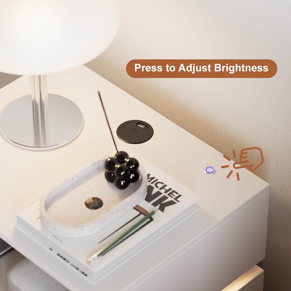HMR Nightstand with Light & Charging Station - White, 3 Drawers, Set Of 2