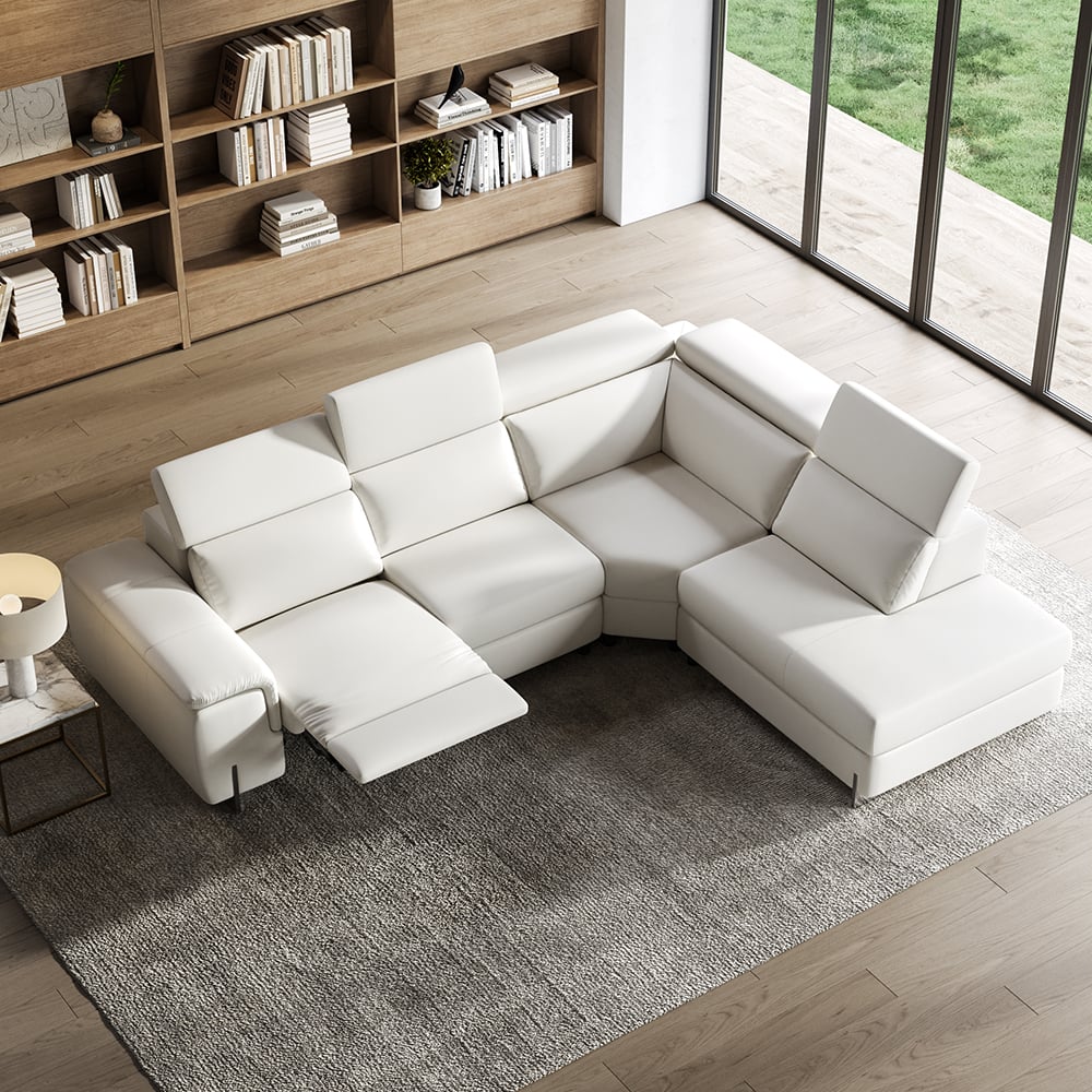HMR - 122.4" White Faux Leather Power Reclining Sectional Sofa Adjustable Headrest L-Shaped