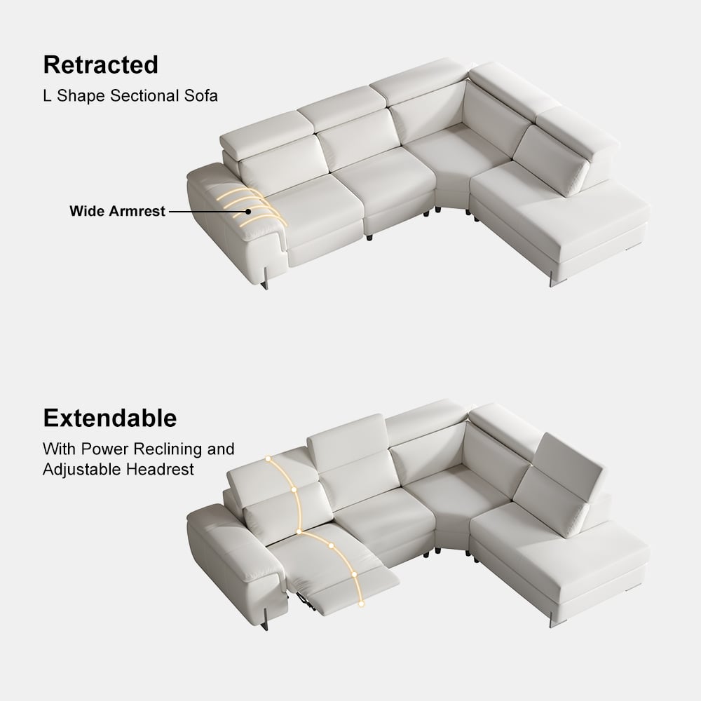 HMR - 122.4" White Faux Leather Power Reclining Sectional Sofa Adjustable Headrest L-Shaped