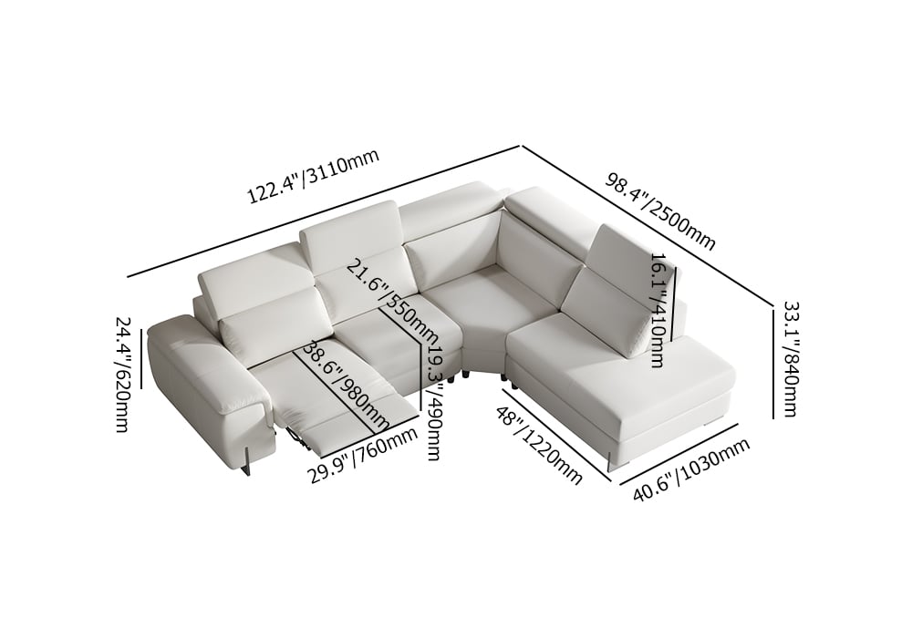 HMR - 122.4" White Faux Leather Power Reclining Sectional Sofa Adjustable Headrest L-Shaped