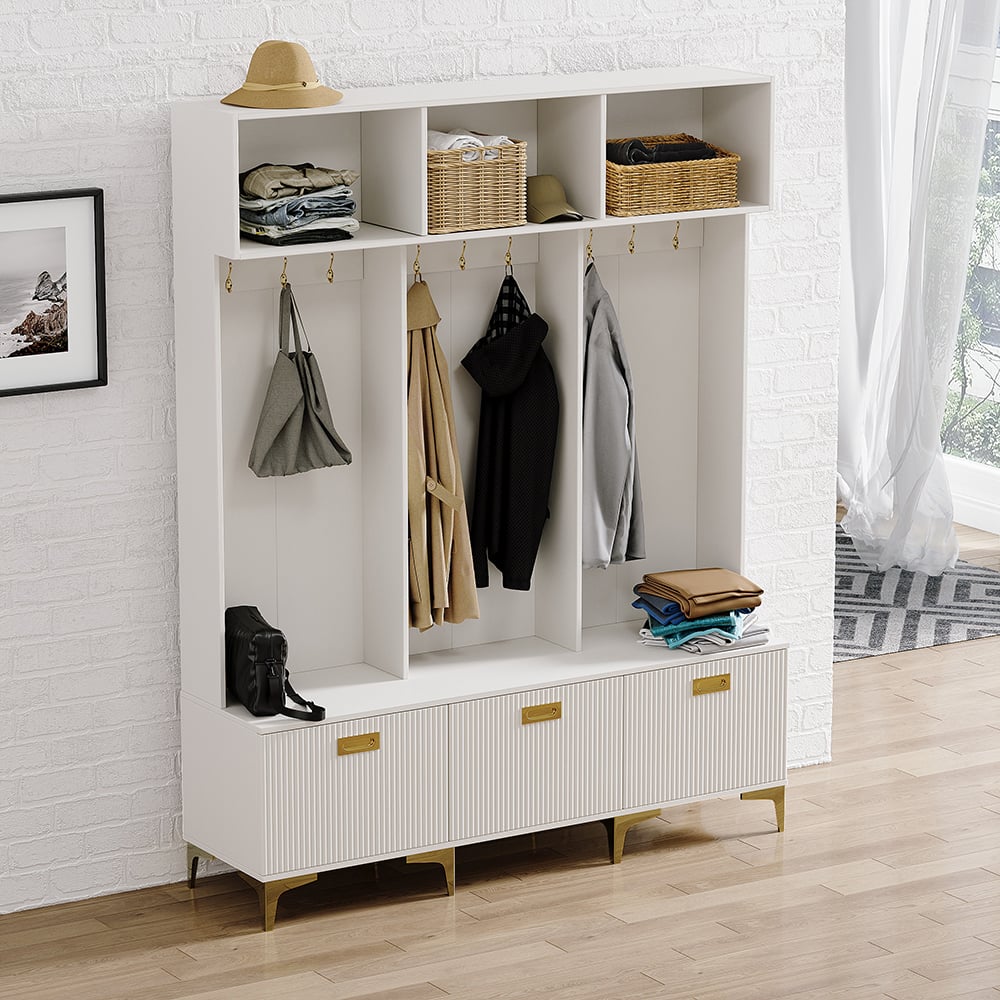 HMR - 59.1" Hall Tree with Bench White Shoe Storage with 9 Hooks & 3 Doors & Open Storage