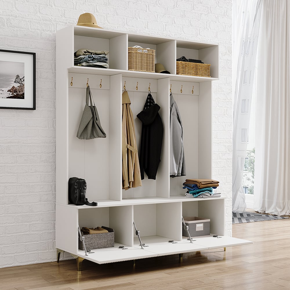HMR - 59.1" Hall Tree with Bench White Shoe Storage with 9 Hooks & 3 Doors & Open Storage