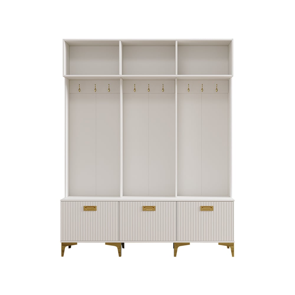 HMR - 59.1" Hall Tree with Bench White Shoe Storage with 9 Hooks & 3 Doors & Open Storage