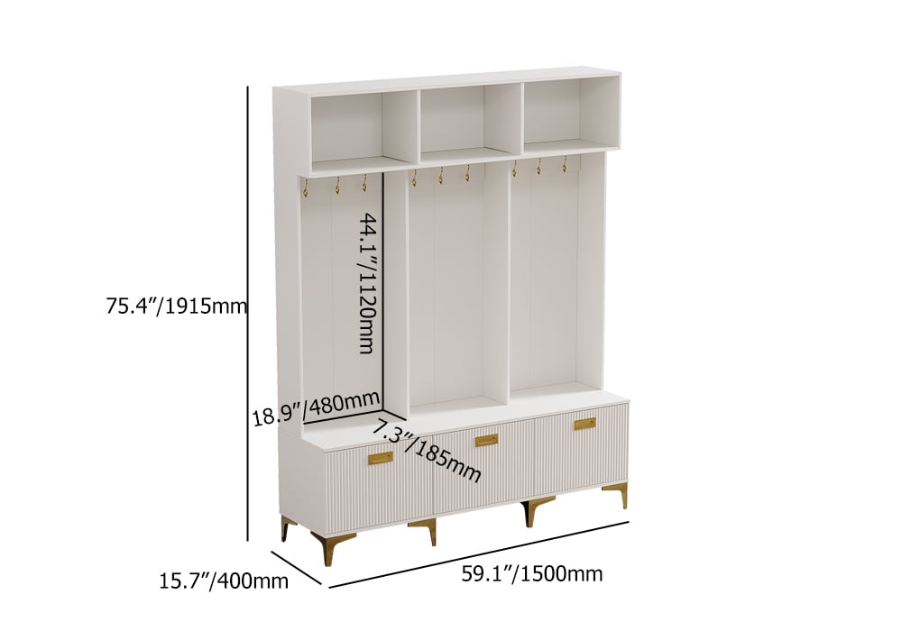 HMR - 59.1" Hall Tree with Bench White Shoe Storage with 9 Hooks & 3 Doors & Open Storage