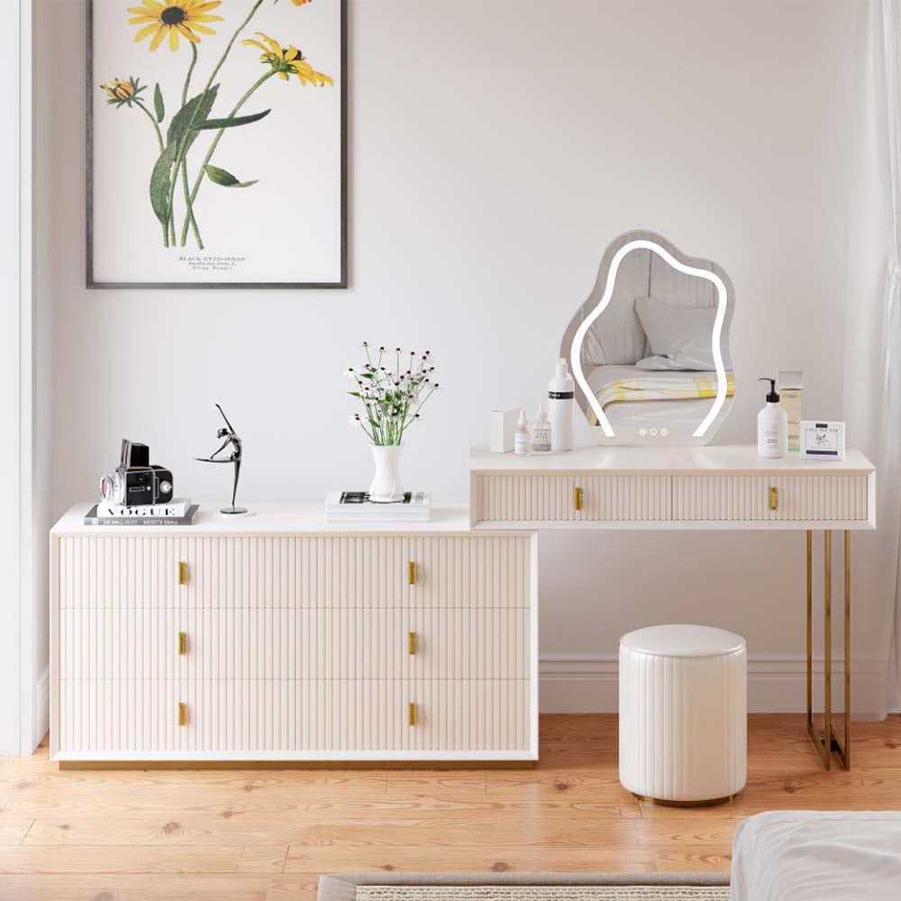 HMR - Modern White Makeup Vanity Set with 6-Drawer Cabinet Dressing Table with Stool & Mirror
