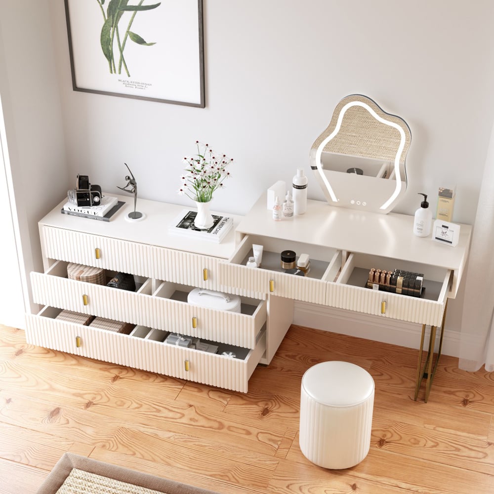 HMR - Modern White Makeup Vanity Set with 6-Drawer Cabinet Dressing Table with Stool & Mirror