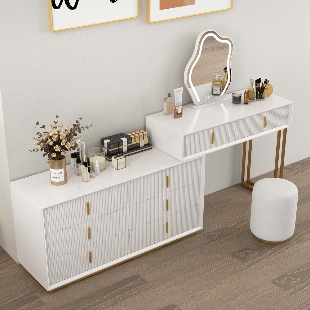 HMR - Modern White Makeup Vanity Set with 6-Drawer Cabinet Dressing Table with Stool & Mirror