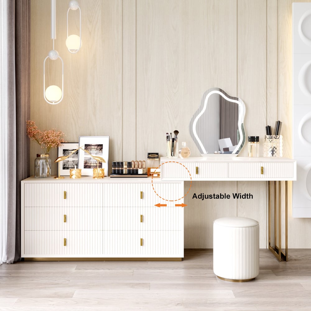 HMR - Modern White Makeup Vanity Set with 6-Drawer Cabinet Dressing Table with Stool & Mirror