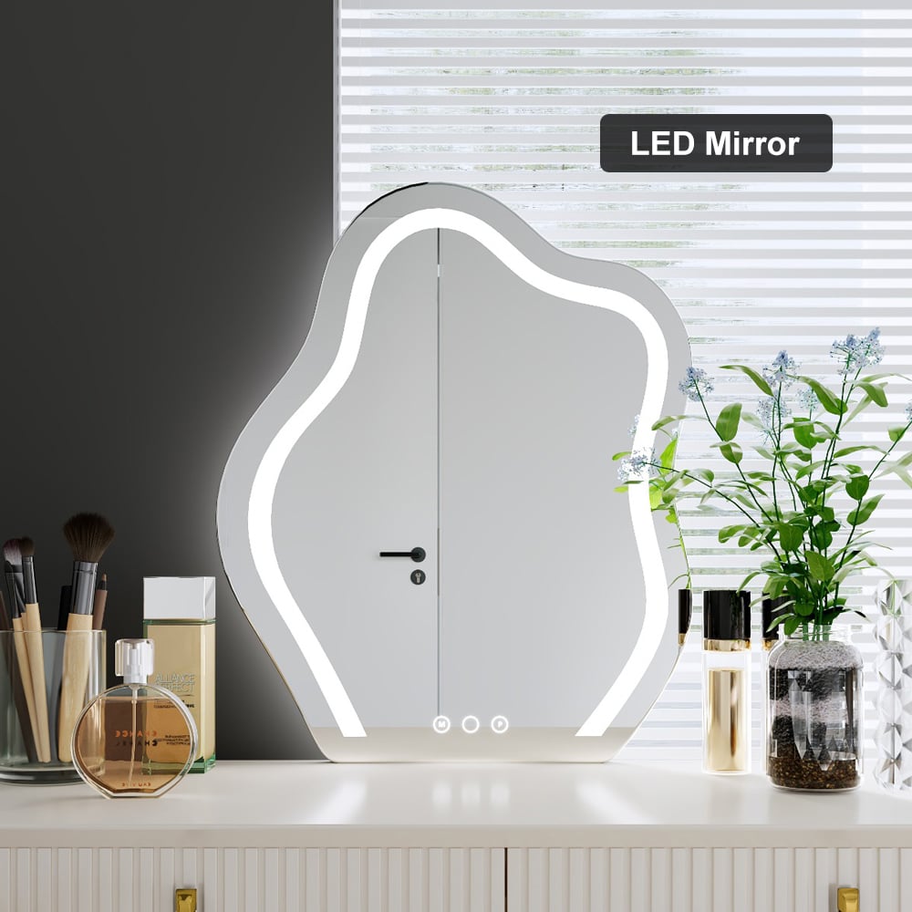 HMR - Modern White Makeup Vanity Set with 6-Drawer Cabinet Dressing Table with Stool & Mirror