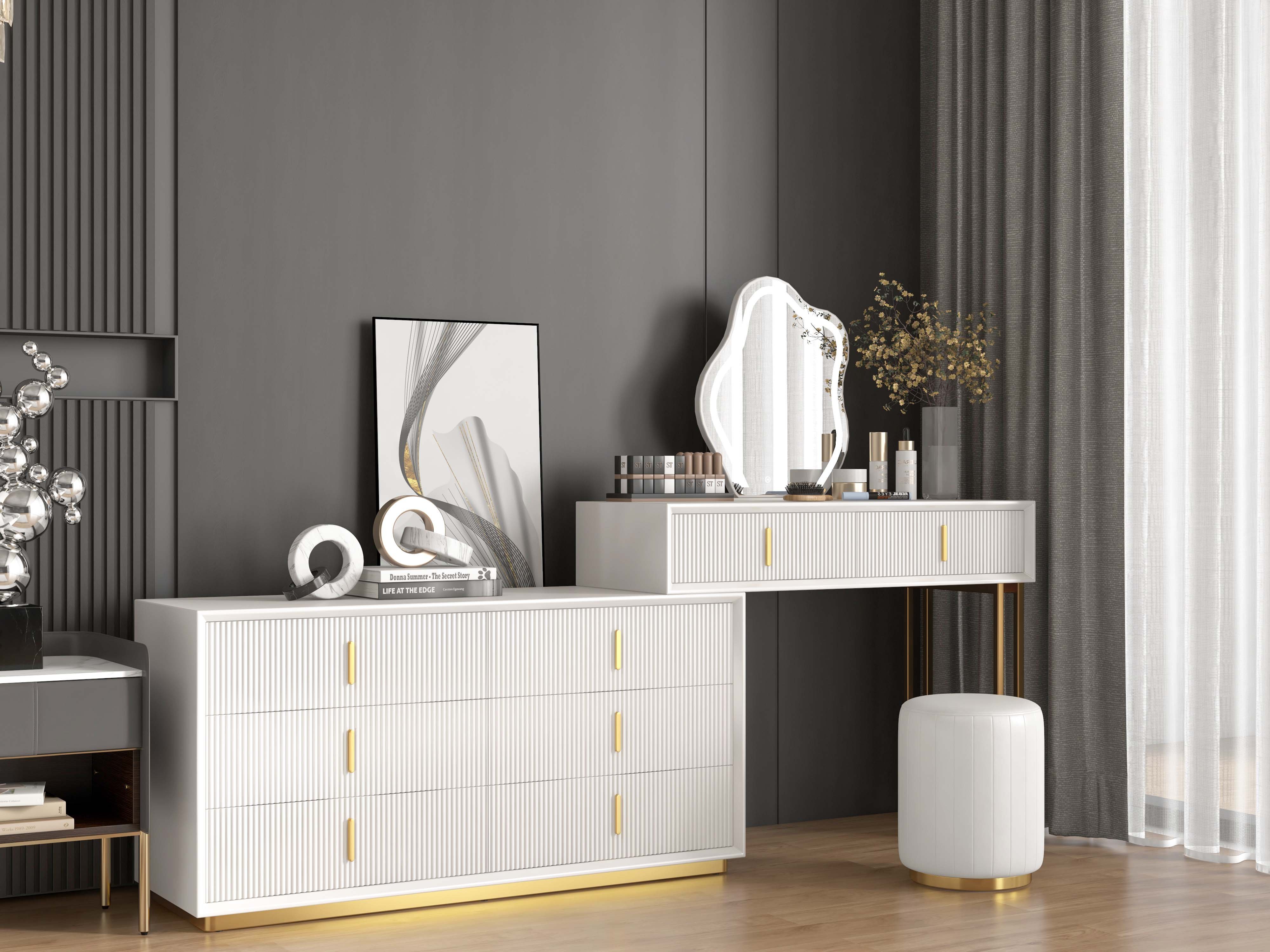 HMR - Modern White Makeup Vanity Set with 6-Drawer Cabinet Dressing Table with Stool & Mirror