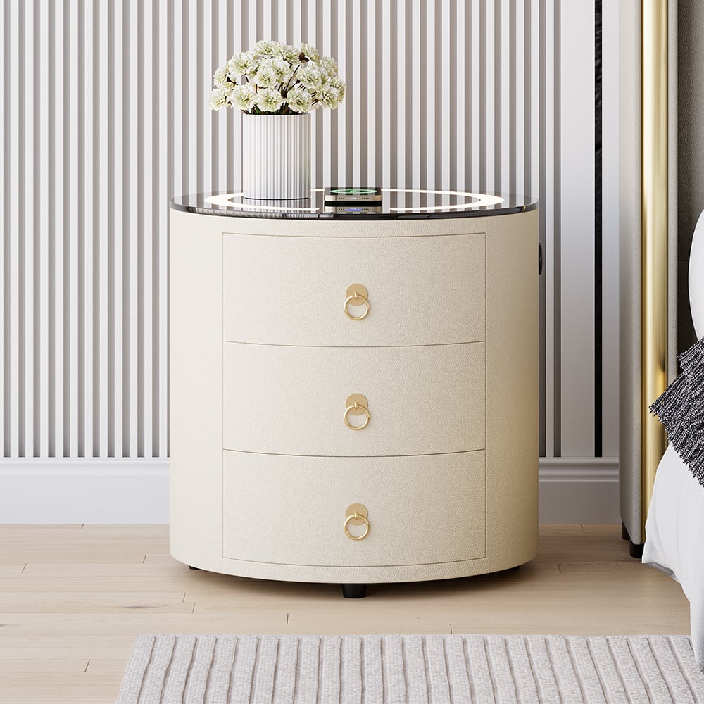 HMR Leather 3-Drawer Smart Nightstand with Light & Speaker - Off-White, Single
