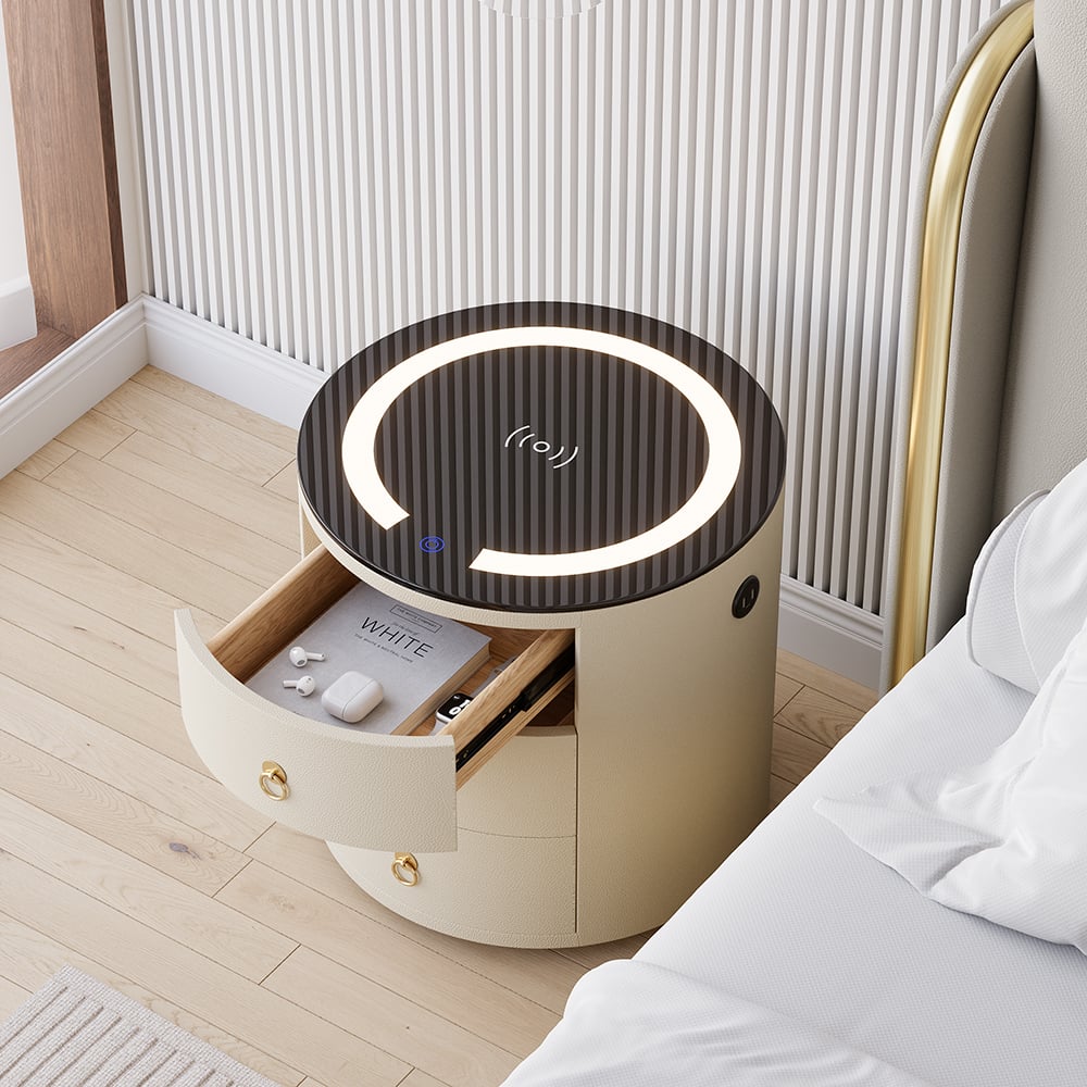 HMR Leather 3-Drawer Smart Nightstand with Light & Speaker - Off-White, Single