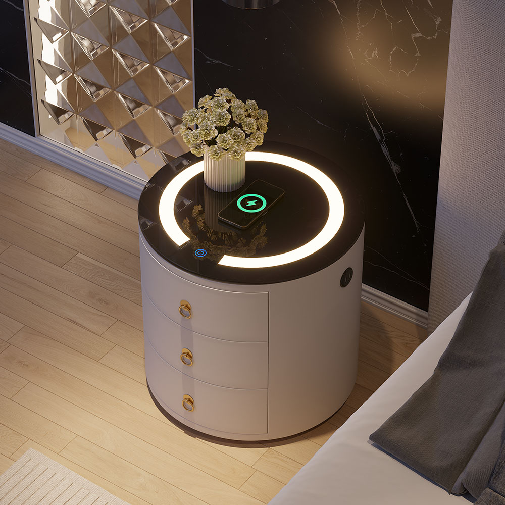 HMR Leather 3-Drawer Smart Nightstand with Light & Speaker - Off-White, Single