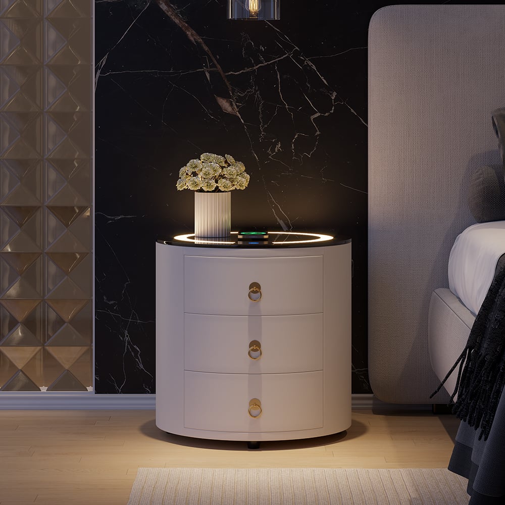 HMR Leather 3-Drawer Smart Nightstand with Light & Speaker - Off-White, Single