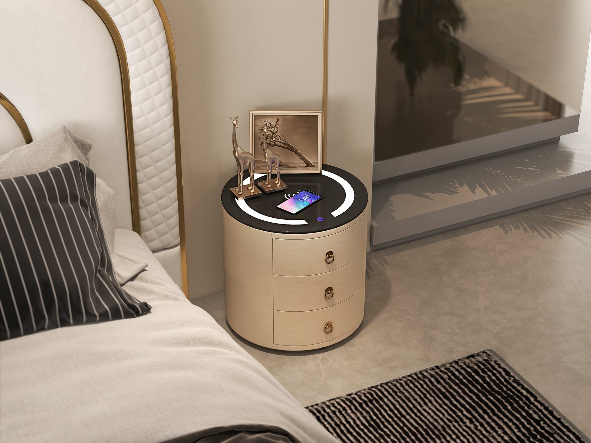 HMR Leather 3-Drawer Smart Nightstand with Light & Speaker - Off-White, Single