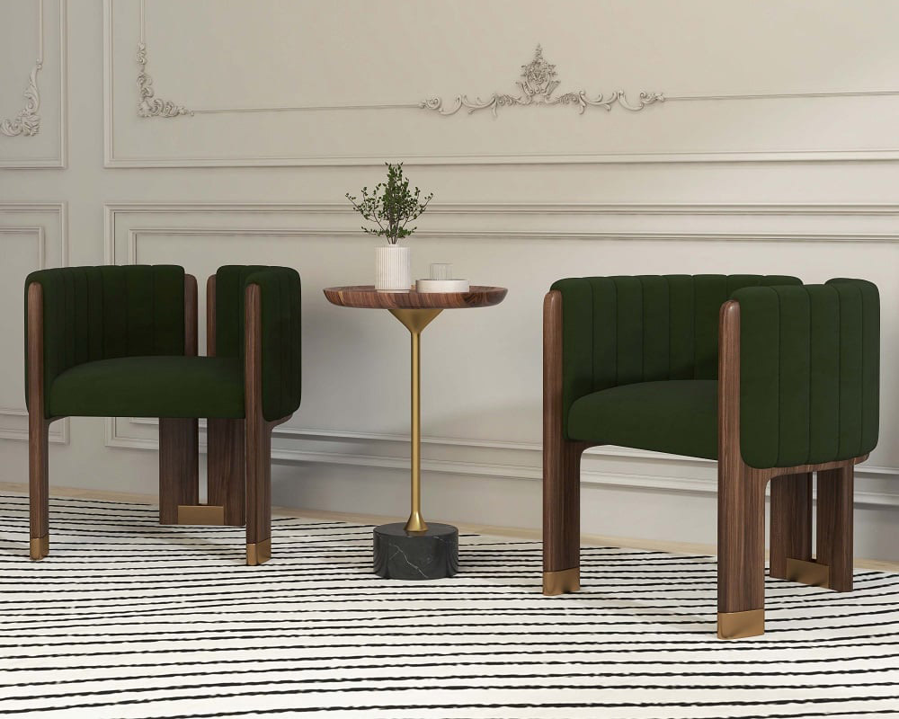 HMR Velvet Fluted Upholstered Accent Chair with Wood Frame (Set of 4) - Green